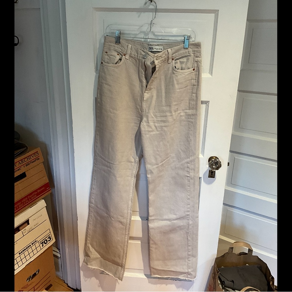 Zara Straight Leg High Waisted Tan Jeans